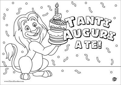 Tanti auguri a te - scritta da colorare con un leone che tiene una torta