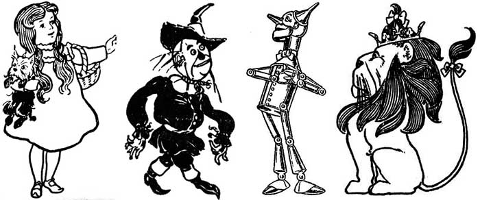 Personaggi de "Il Mago di Oz" di L. Frank Baum - Dorothy, Spaventapasseri, Boscaiolo di Latta, Leone