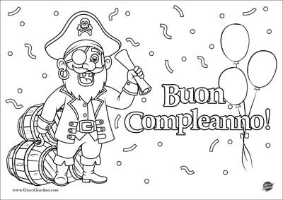 Buon compleanno da colorare con pirata con una mappa del tesoro, palloncini e coriandoli