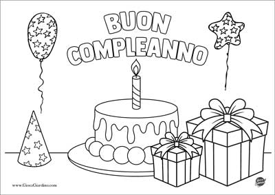 Disegno da colorare con scritta buon compleanno, torta, regali, cappellino festa e palloncini