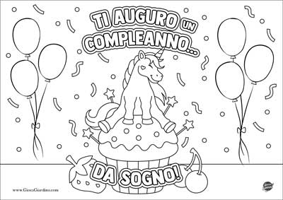 scritta ti auguro un compleanno da sogno con unicorno seduto su un cupcake, palloncini e coriandoli