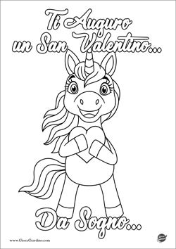 Disegno da colorare di un unicorno con un cuore con auguri per San Valentino