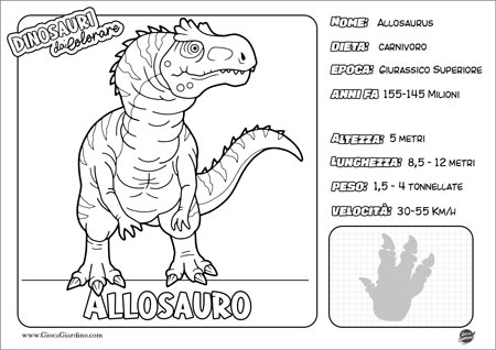 Disegno da colorare per bambini di un Allosauro con nome e caratteristiche