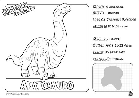 Disegno da colorare per bambini di un Apatosauro con nome e caratteristiche