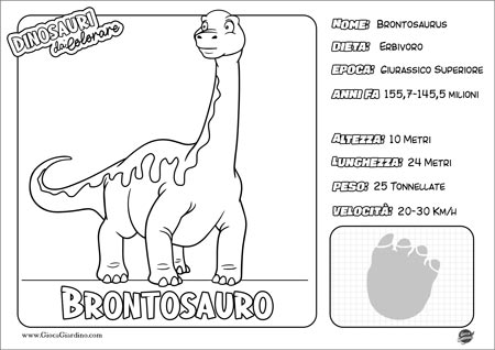 Disegno da colorare per bambini di un Brontosauro con nome e caratteristiche