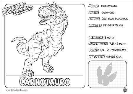 Disegno da colorare per bambini di un Carnotauro con nome e caratteristiche