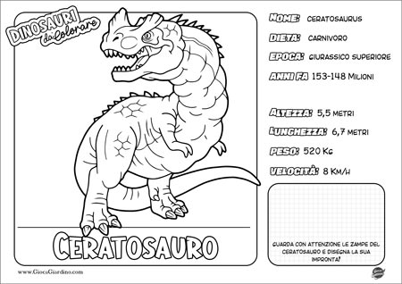 Disegno da colorare per bambini di un Ceratosauro con nome e caratteristiche