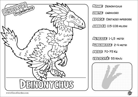 Disegno da colorare per bambini di un Deinonychus con nome e caratteristiche