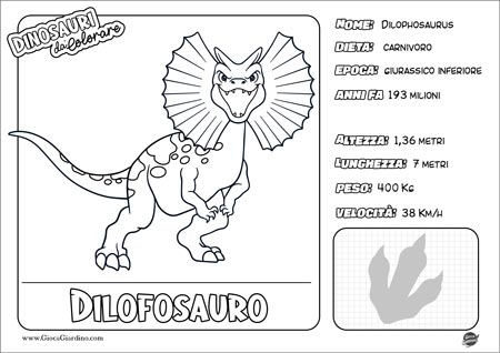 Disegno da colorare per bambini di un Dilofosauro con nome e caratteristiche