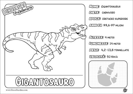 Disegno da colorare per bambini di un Gigantosauro con nome e caratteristiche