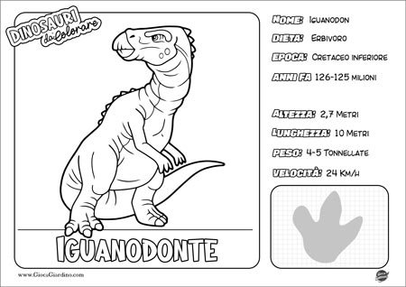 Disegno da colorare per bambini di un Iguanodonte con nome e caratteristiche