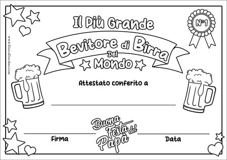 Diploma da colorare per la festa del papà - Il più grande bevitore di birra del mondo