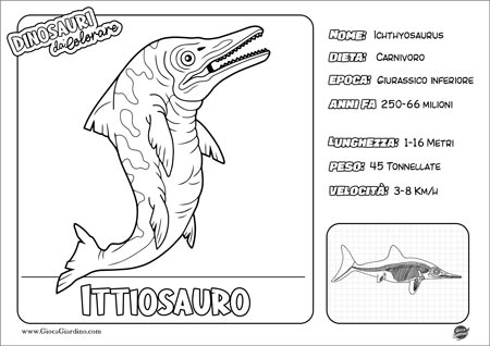 Disegno da colorare per bambini di un  Ittiosauro con nome e caratteristiche