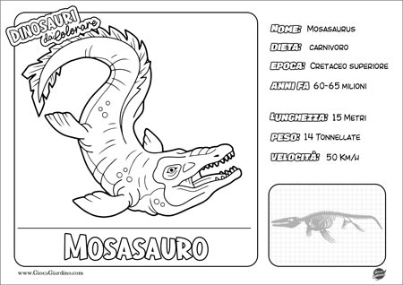Disegno da colorare per bambini di un  Mosasauro con nome e caratteristiche