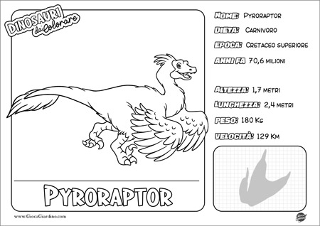 Disegno da colorare per bambini di un Pyroraptor con nome e caratteristiche
