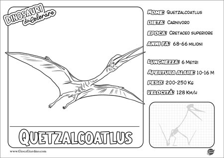 Disegno da colorare per bambini di un  Quetzalcoaltus con nome e caratteristiche