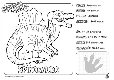 Disegno da colorare per bambini di uno Spinosauro con nome e caratteristiche
