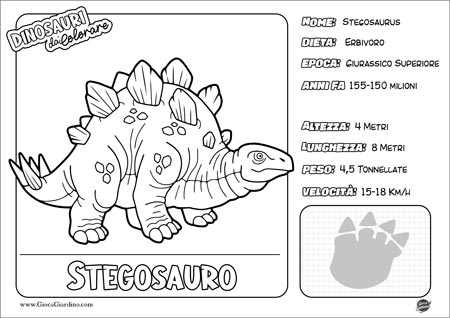 Disegno da colorare per bambini di uno Stegosauro con nome e caratteristiche
