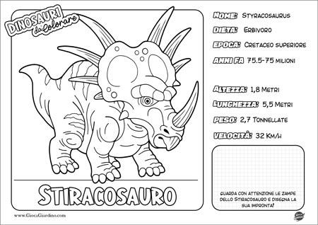 Disegno da colorare per bambini di uno Stiracosauro con nome e caratteristiche
