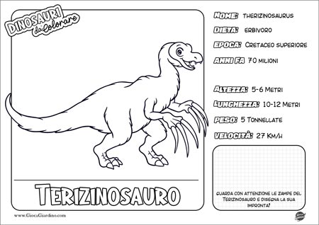 Disegno da colorare per bambini di un Terizinosauro con nome e caratteristiche