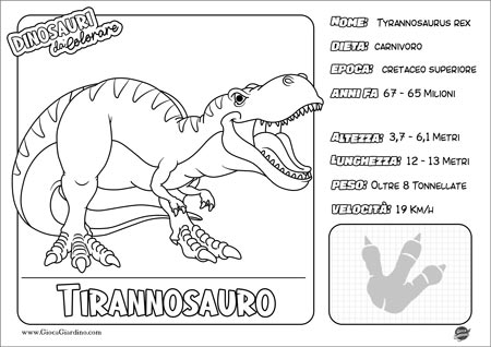 Disegno da colorare per bambini di un tirannosauro con nome e caratteristiche