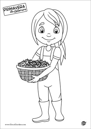 disegno da colorare di una bambina con in mano un cesto di fragole