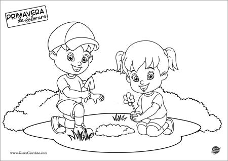 disegno da colorare a tema primavera di due bambini che piantano un fiore