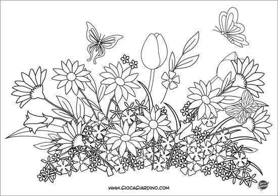 Disegno di fiori primaverili con farfalle da colorare