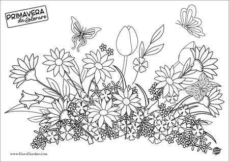disegno da colorare di fiori primaverili con delle farfalle