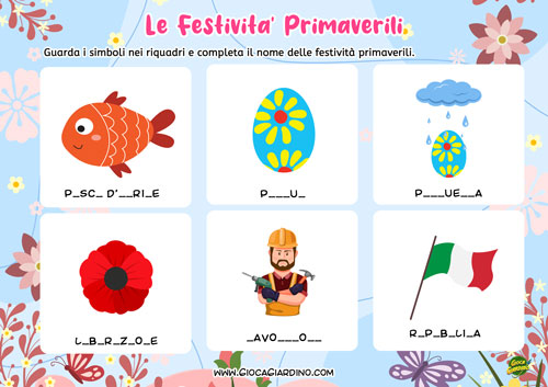 Scheda didattica sulla primavera - Completa il nome delle festività - bambini della primaria