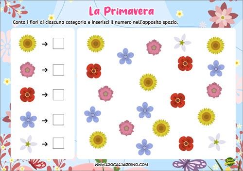 Scheda didattica sulla primavera - Quanti fiori sono - Prima classe