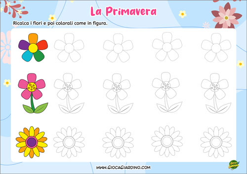 Scheda didattica sulla primavera - Ricalca e colorare i fiori primaverili e impara a disegnare