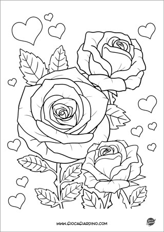 Disegno di tre Rose con cuoricini da colorare