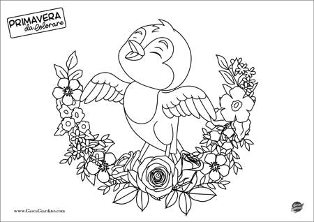 disegno da colorare di un uccellino che canta in primavera con una ghirlanda di fiori