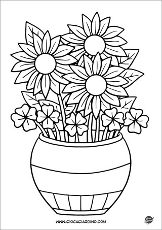 Disegno di un vaso con fiori da colorare con quadrifogli