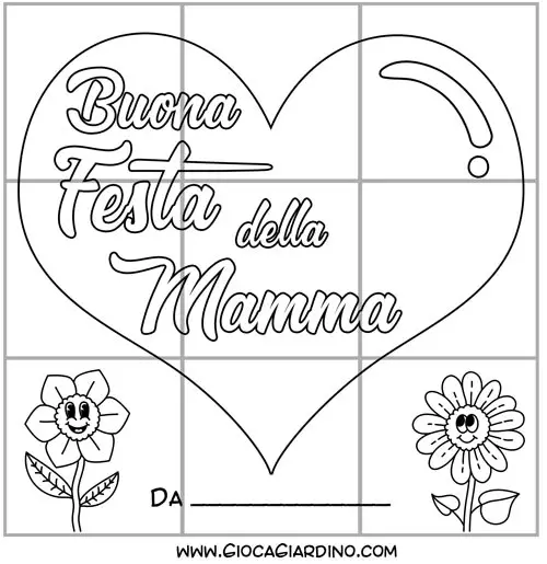 Puzzle da colorare con un cuore e la scritta Buona festa della mamma