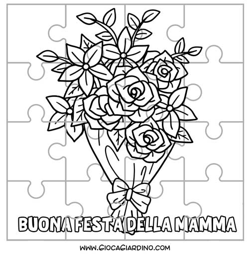 Puzzle festa della mamma da stampare, colorare e ritagliare con mazzo di rose e fiori