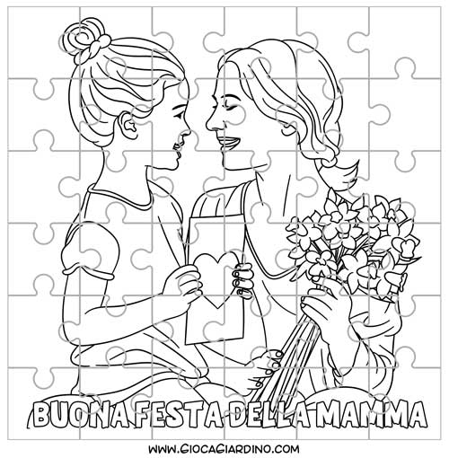 Mamma e figlia con biglietto e regali - Puzzle festa della mamma da stampare, colorare e ritagliare