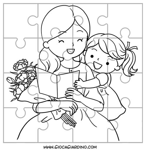 mamma e figlia con biglietto - Puzzle festa della mamma da stampare, colorare e ritagliare