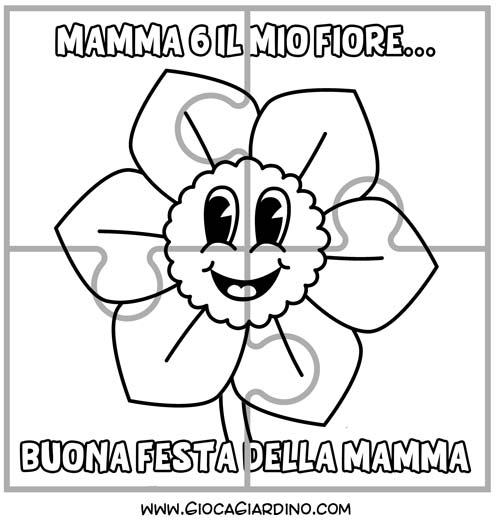 Puzzle da colorare per la festa della mamma composto da 4 pezzi - Mamma sei il mio fiore