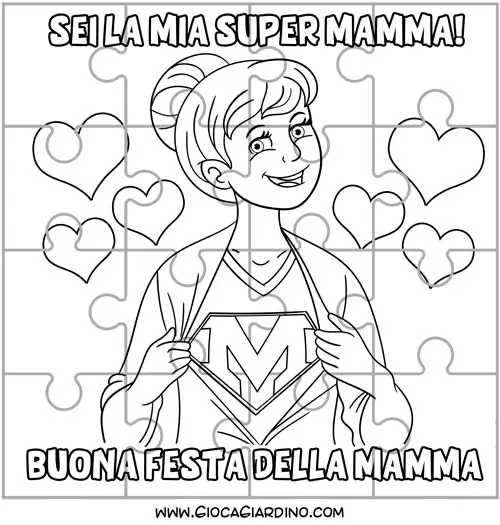 Puzzle festa della mamma da stampare, colorare e ritagliare - supermamma con cuori