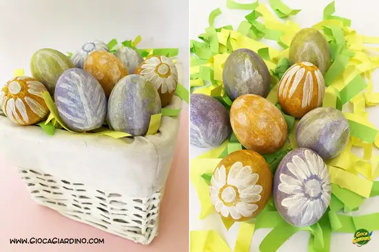 uova dipinte con stampi di fiori - decorazione di pasqua fai da te per la casa