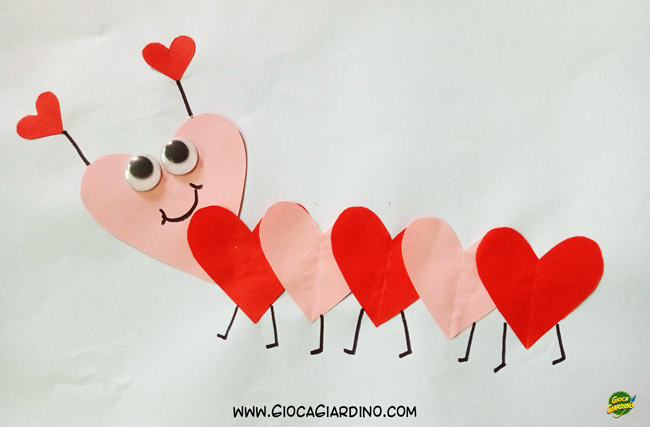 bruco con cuoricini di carta - lavoretto per San Valentino bambini scuola infanzia