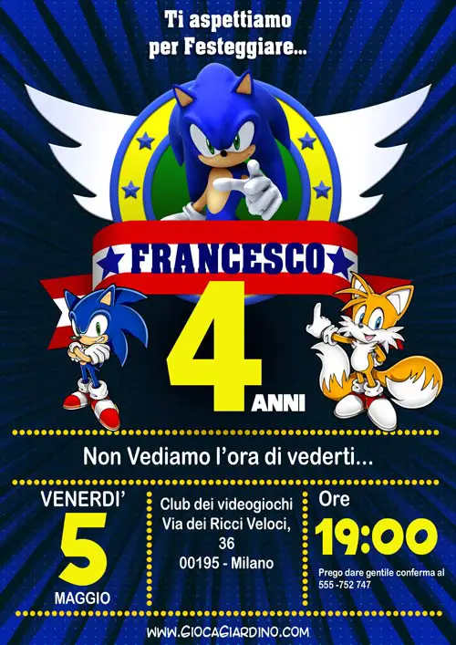 Invito compleanno festa tema sonica da compilare e stampare in formato PDF