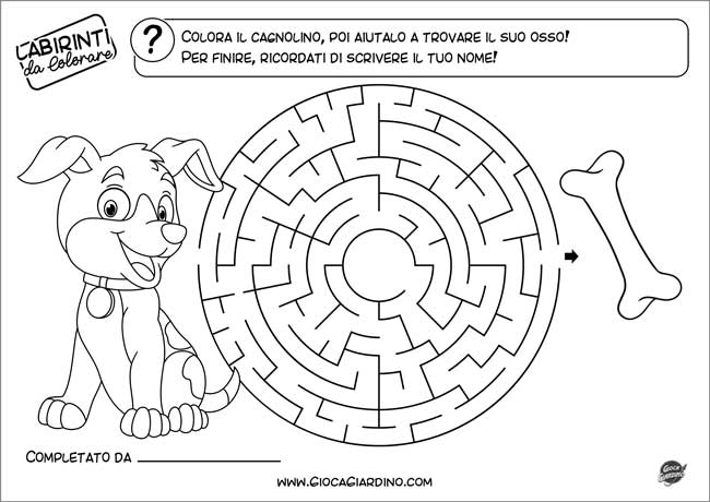 Labirinto da stampare e colorare per bambini di 5-6 anni - con cagnolino da colorare