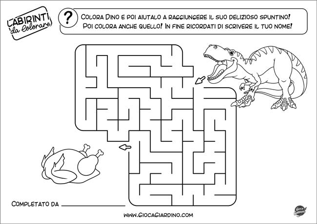 Labirinto da stampare e colorare per bambini di 5 anni - con Dinosauro