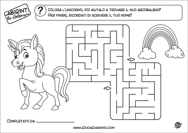 Labirinto da stampare e colorare per bambini di 5 anni - con Unicorno da colorare
