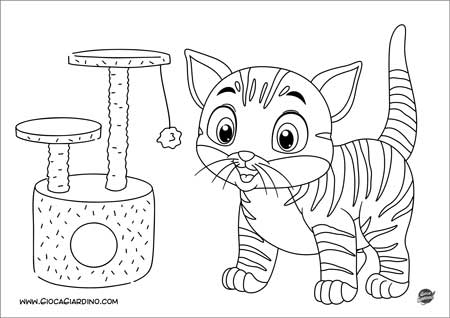 Cucciolo di gatto con tiragraffi - disegno da colorare per bambini