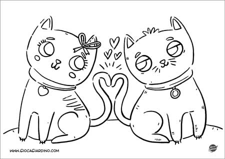 Gatti stilizzati innamorati con cuore - disegno da colorare per bambini
