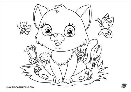 gattino con fiori in primavera - disegno da colorare per bambini